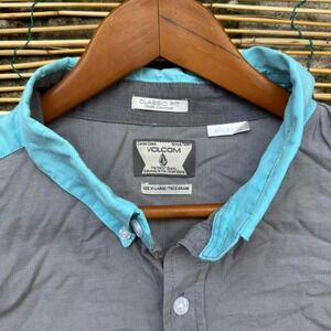 Volcom Why Factor Oxford Long Sleeve Button Down Shirt Mens‎ XL Gray Blue Collar